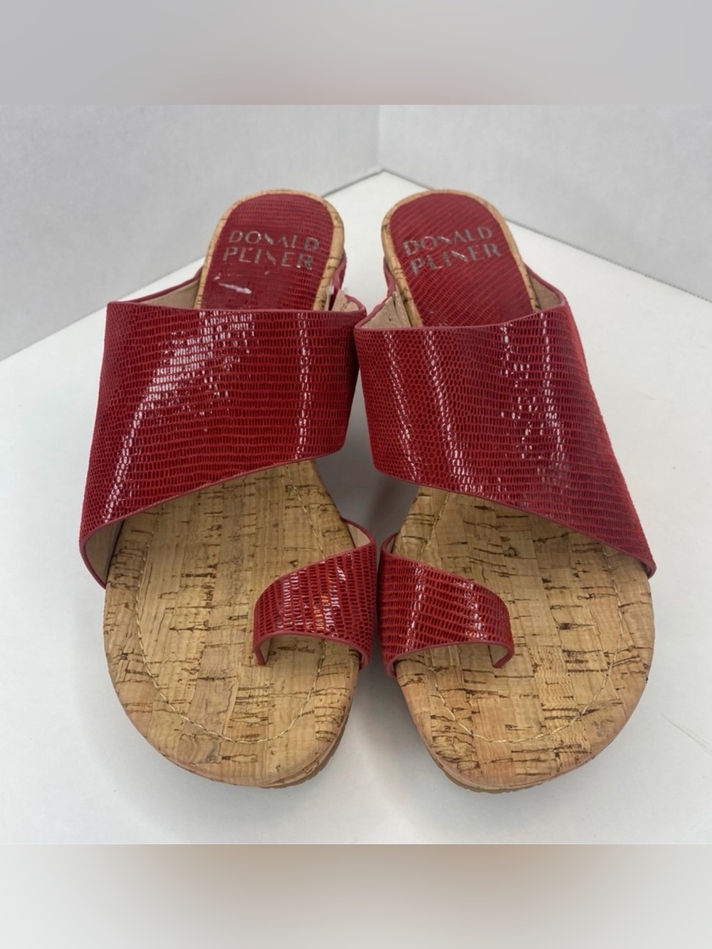 Donald J. Pliner Red Lizard-Texture Cork Toe-Loop Slides
